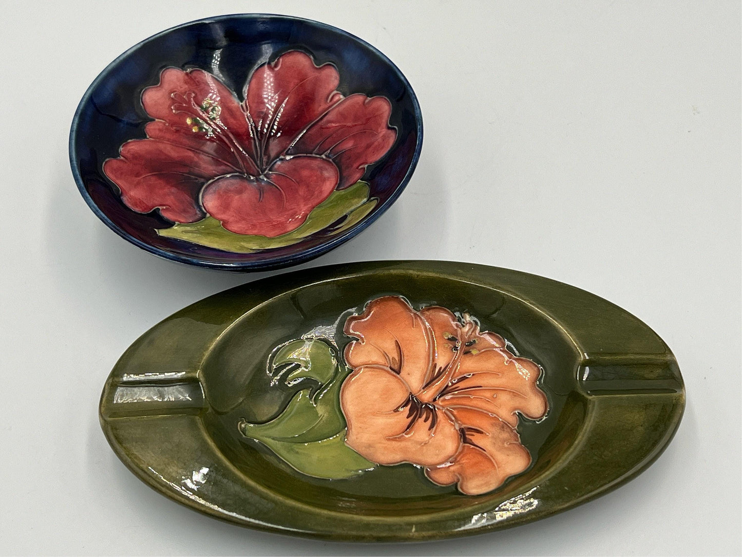 Vintage Moorcroft Blue Dish & Green Ashtray Hibiscus Flower