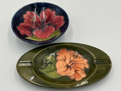 Vintage Moorcroft Blue Dish & Green Ashtray Hibiscus Flower