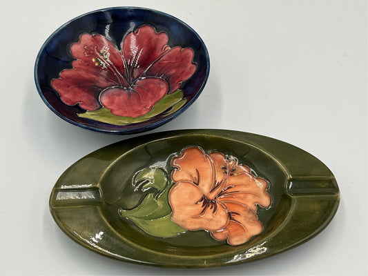 Vintage Moorcroft Blue Dish & Green Ashtray Hibiscus Flower