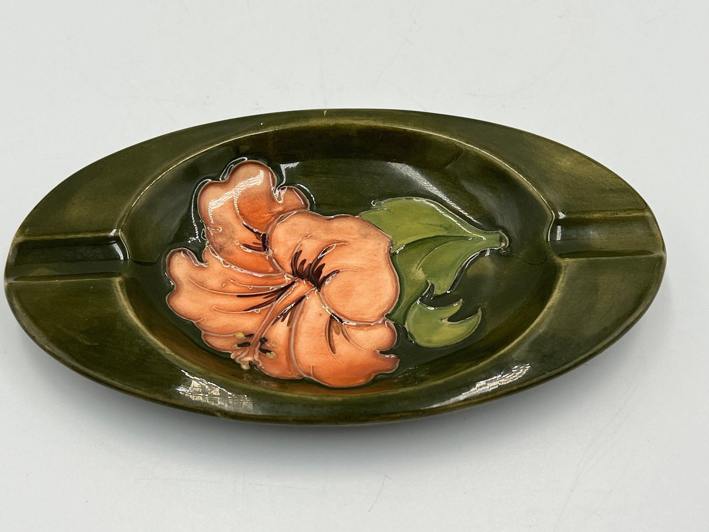 Vintage Moorcroft Blue Dish & Green Ashtray Hibiscus Flower