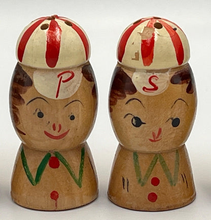 Salt and Pepper Shakers: 1950s Japanese Mini Wood Set - Hand Painted
