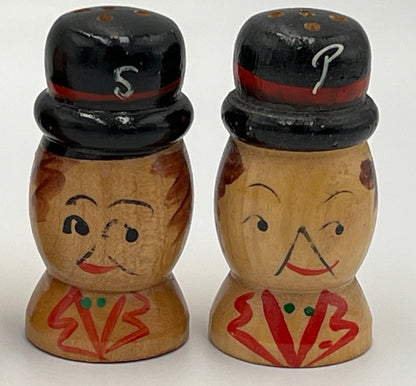 Salt and Pepper Shakers: 1950s Japanese Mini Wood Set - Hand Painted