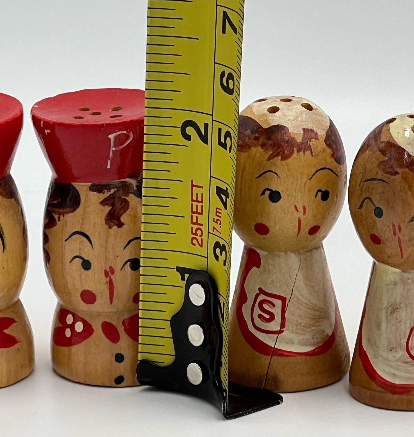 Salt and Pepper Shakers: 1950s Japanese Mini Wood Set - Hand Painted