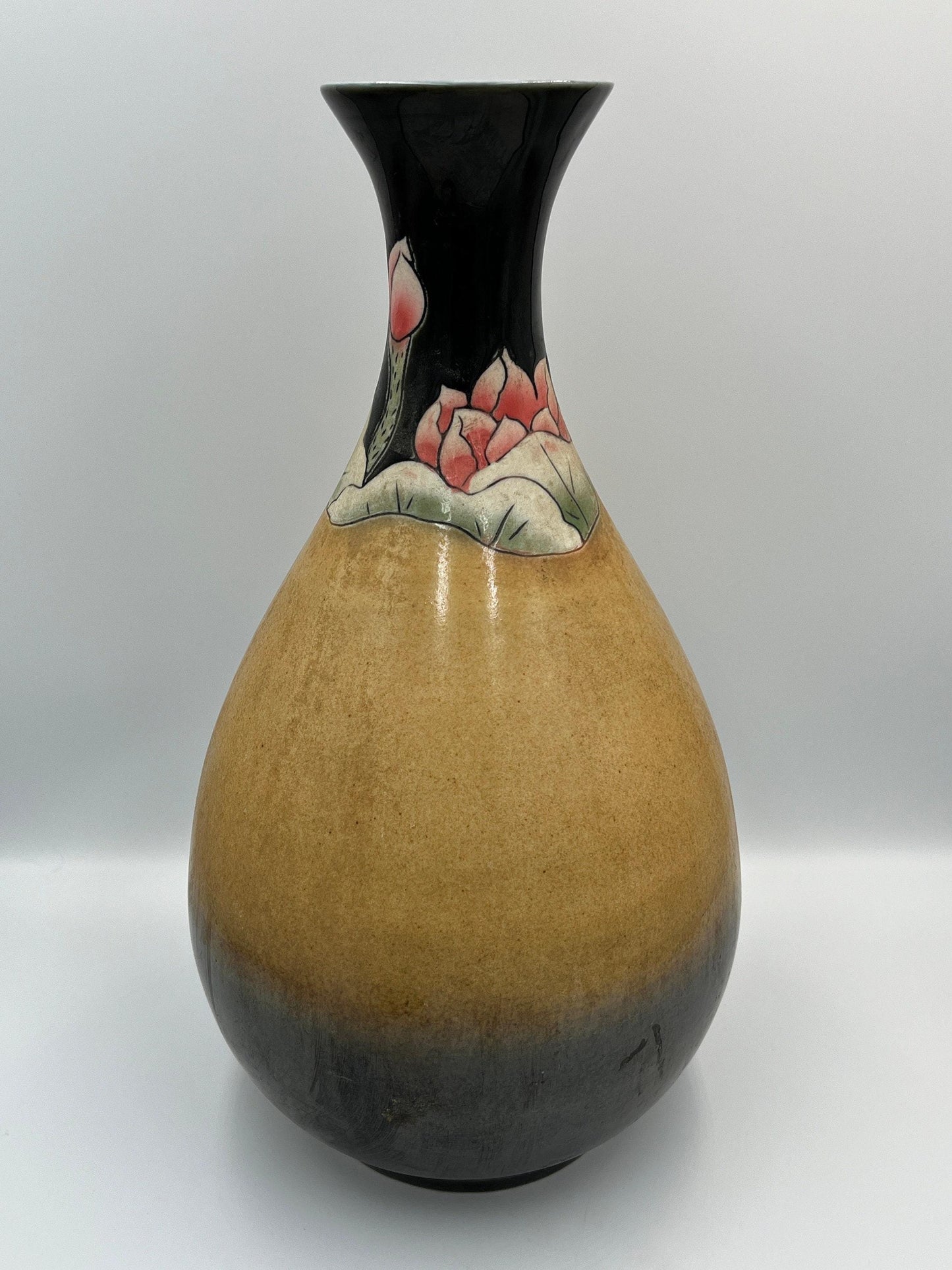 Chinese Porcelain Vase, Brown Black Glaze, Floral Design (15" Tall)
