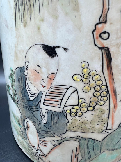 Chinese Brush Pot: Famille Verte Enameled Porcelain - Signed & Sealed