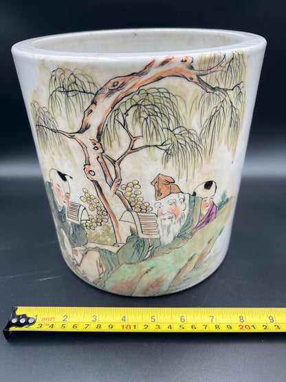 Chinese Brush Pot: Famille Verte Enameled Porcelain - Signed & Sealed