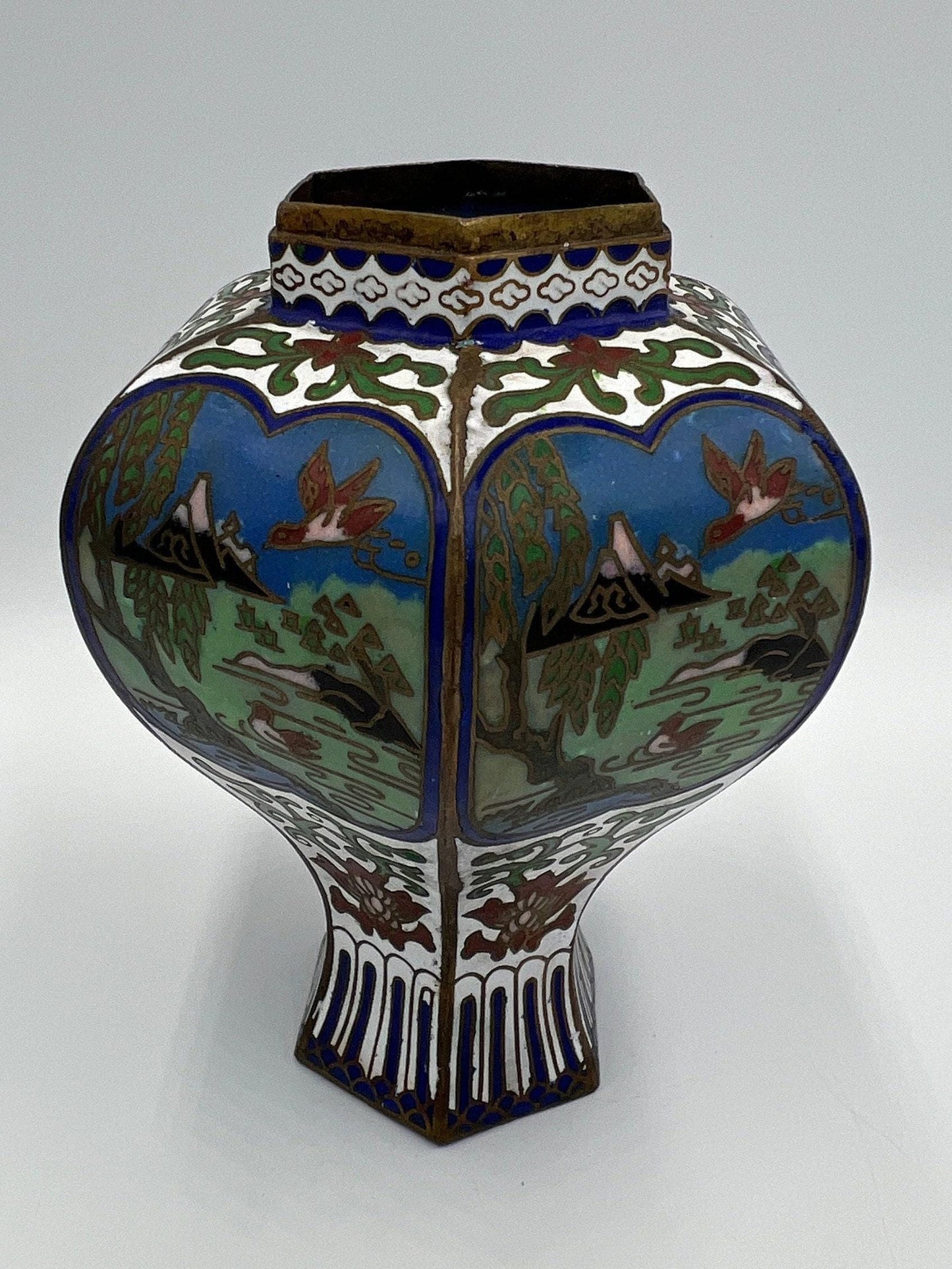 Asian Cloisonne Vase - Small Hand-Painted Metal Panel