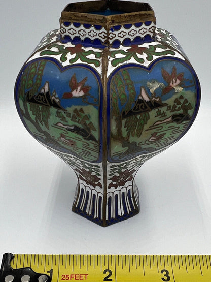 Asian Cloisonne Vase - Small Hand-Painted Metal Panel