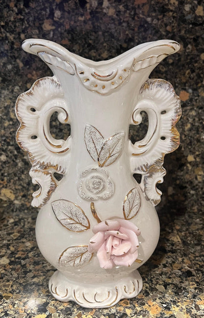 White Vase 8 1/2" Tall w/Gold Trim & Applied Pink Flower.