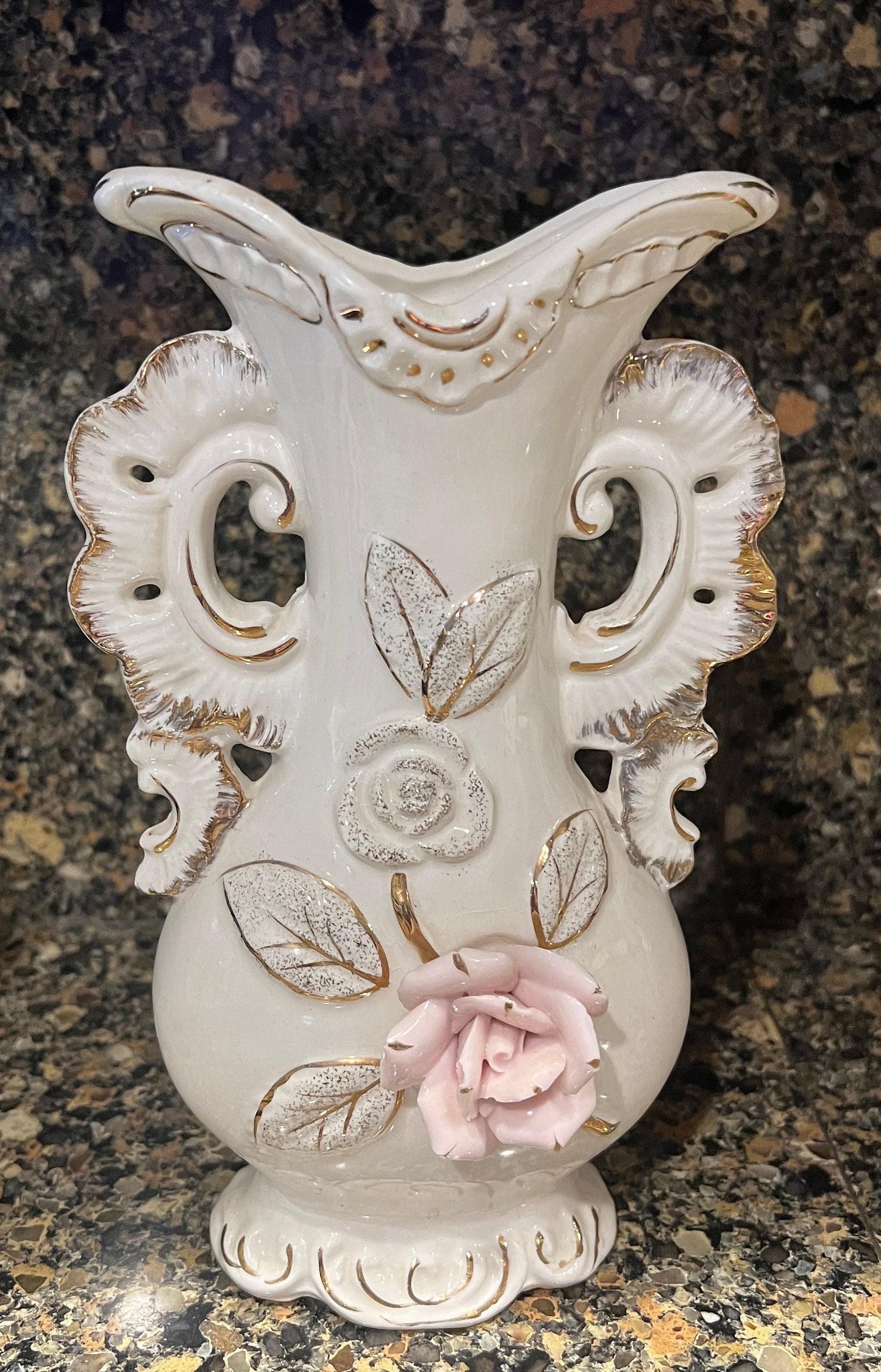 White Vase 8 1/2" Tall w/Gold Trim & Applied Pink Flower.