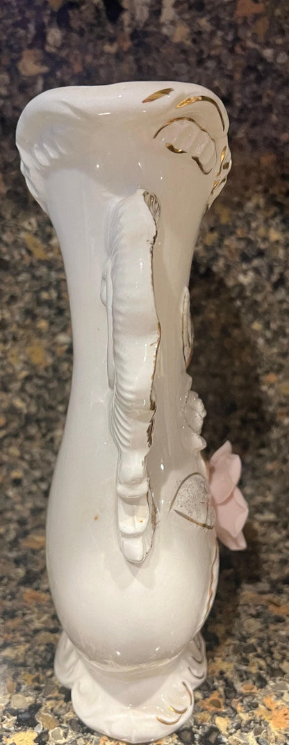 White Vase 8 1/2" Tall w/Gold Trim & Applied Pink Flower.