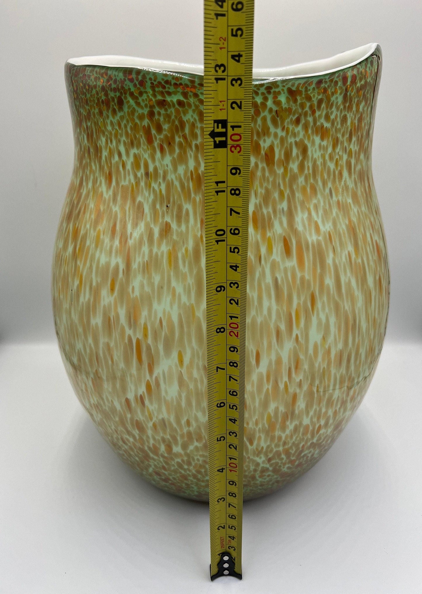 Murano Style Art Glass Vase, Green & Orange (13.5" Tall, Heavy)