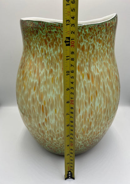Murano Style Art Glass Vase, Green & Orange (13.5" Tall, Heavy)