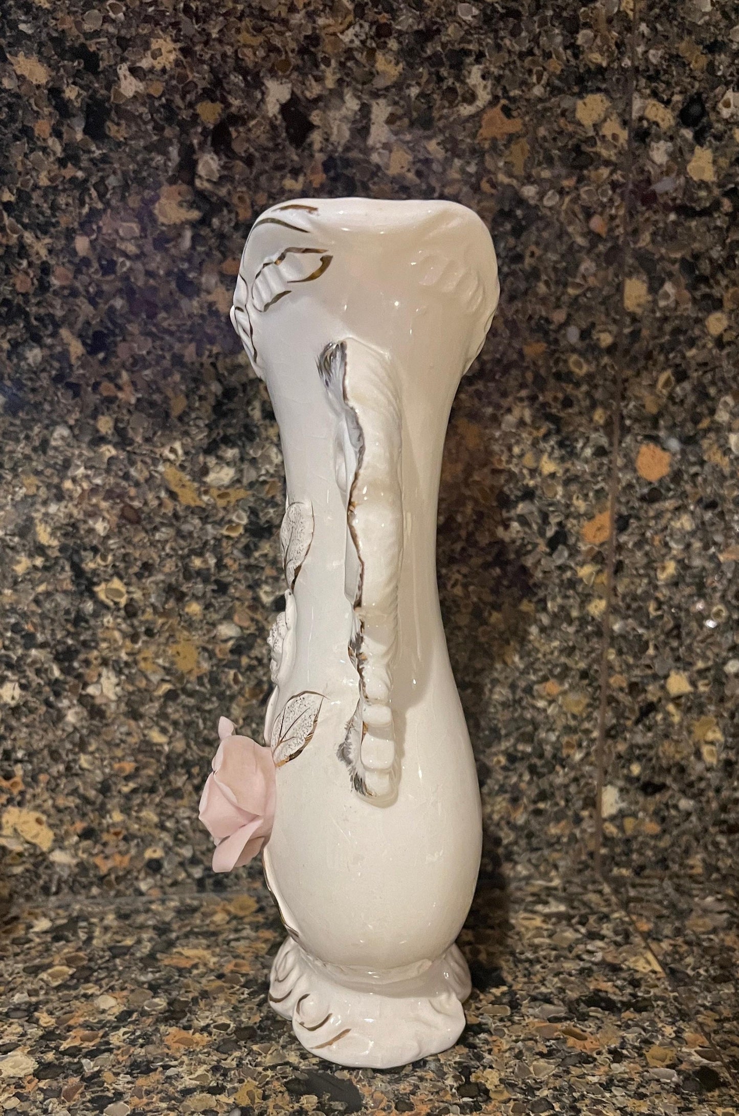 White Vase 8 1/2" Tall w/Gold Trim & Applied Pink Flower.