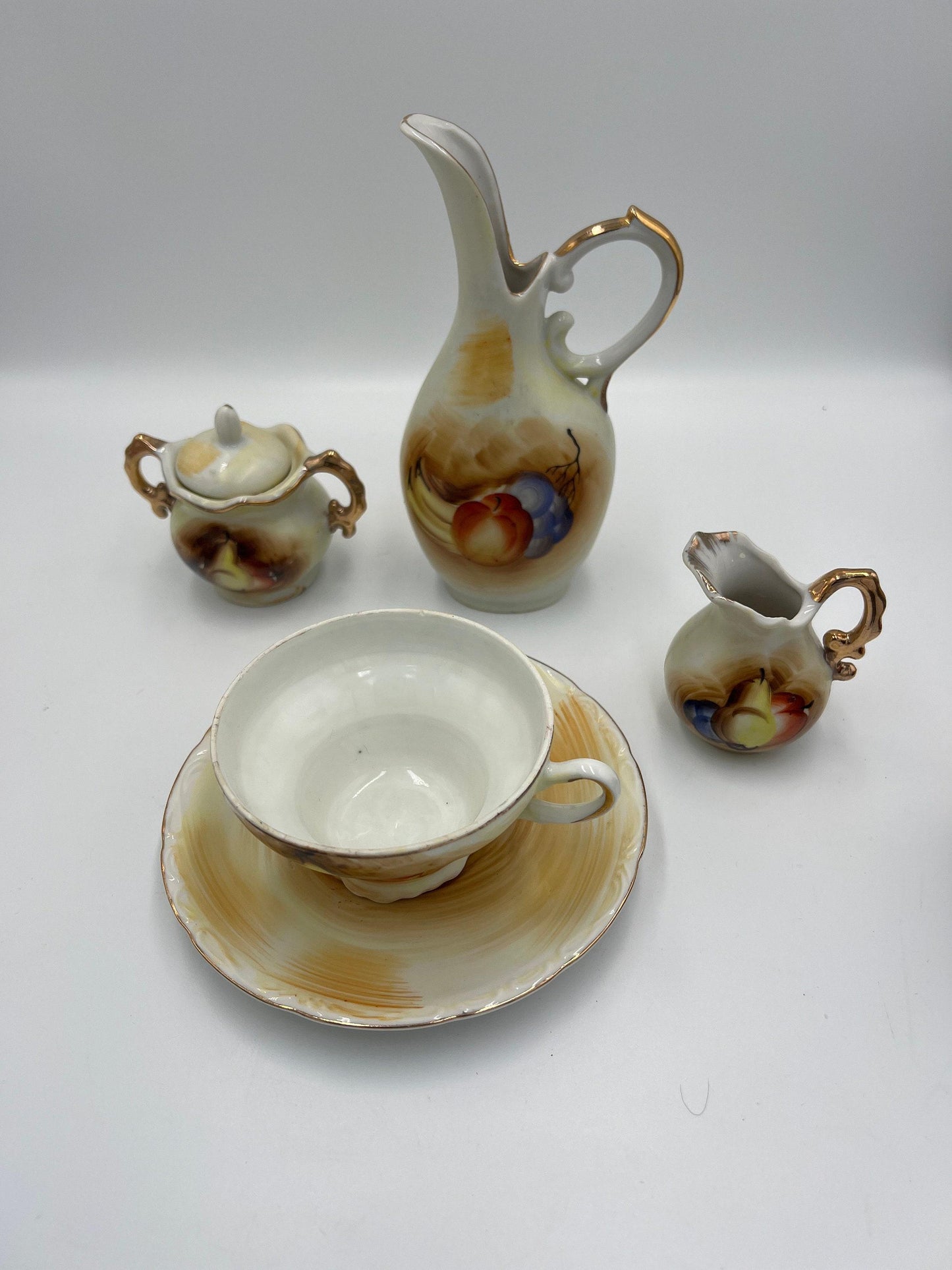 Vintage Tea Set Pitcher and Creamer: Fruit Design with Gold Trim