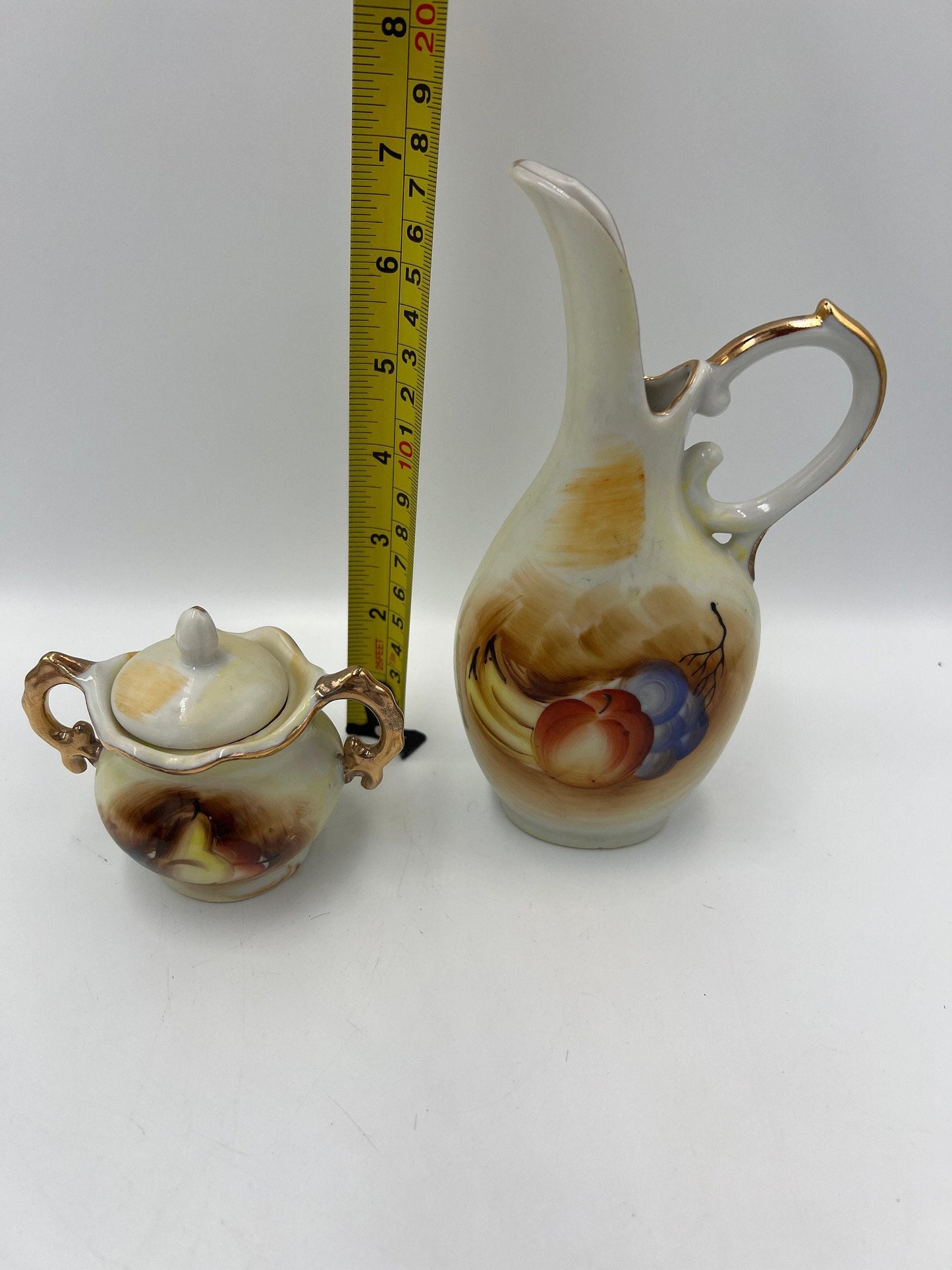 Vintage Tea Set Pitcher and Creamer: Fruit Design with Gold Trim