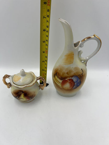 Vintage Tea Set Pitcher and Creamer: Fruit Design with Gold Trim