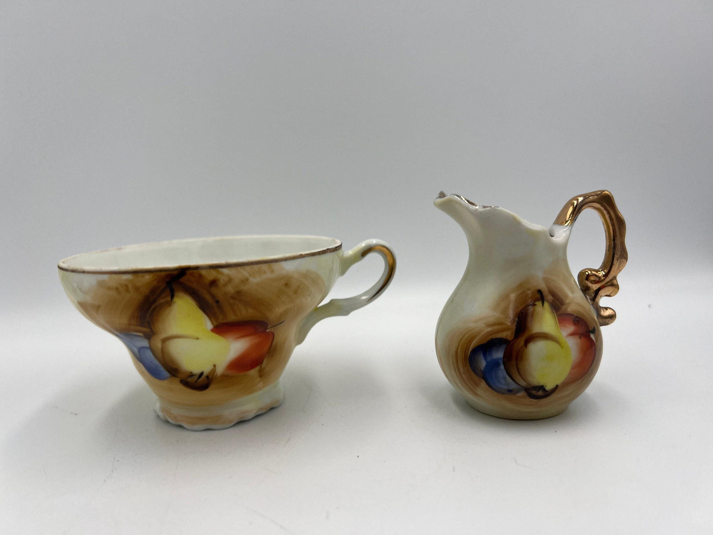 Vintage Tea Set Pitcher and Creamer: Fruit Design with Gold Trim