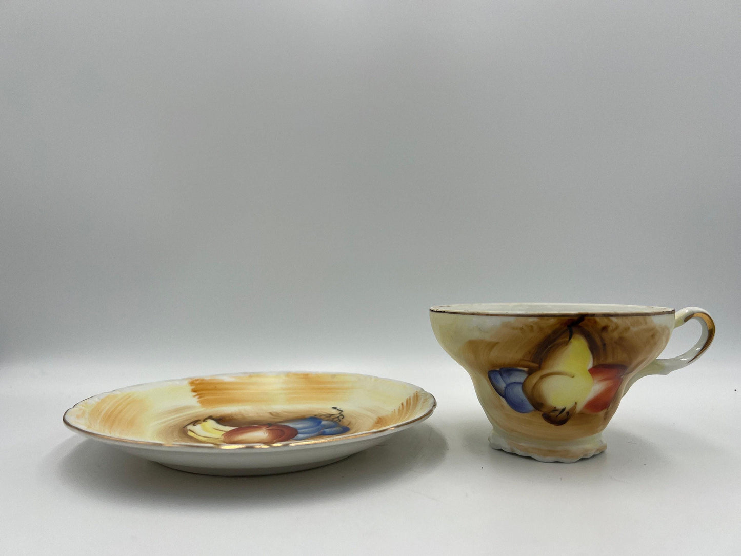 Vintage Tea Set Pitcher and Creamer: Fruit Design with Gold Trim
