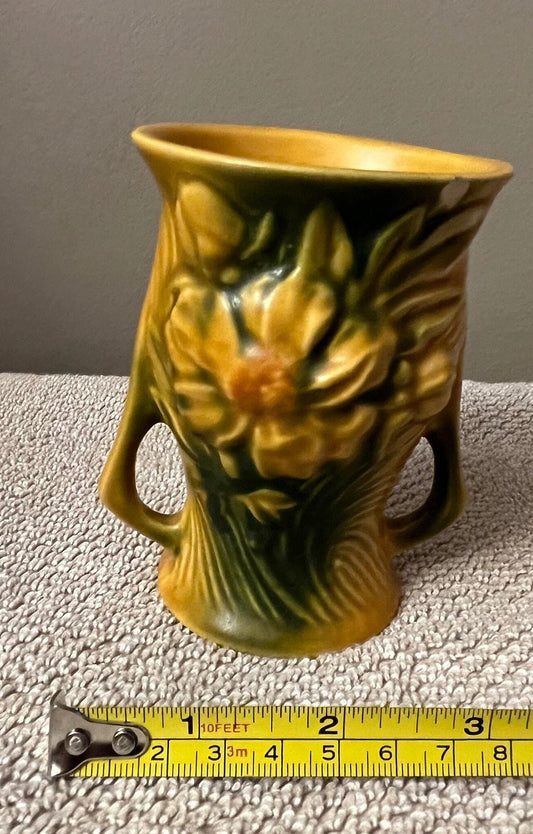 Peony Double Handle Vase: Roseville Pottery Floral (1940s Vintage)
