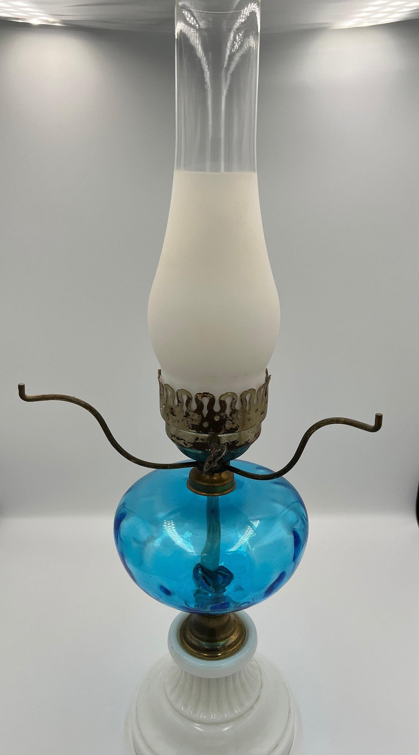 Hurricane Lamp - Blue and milk glass. Vintage!