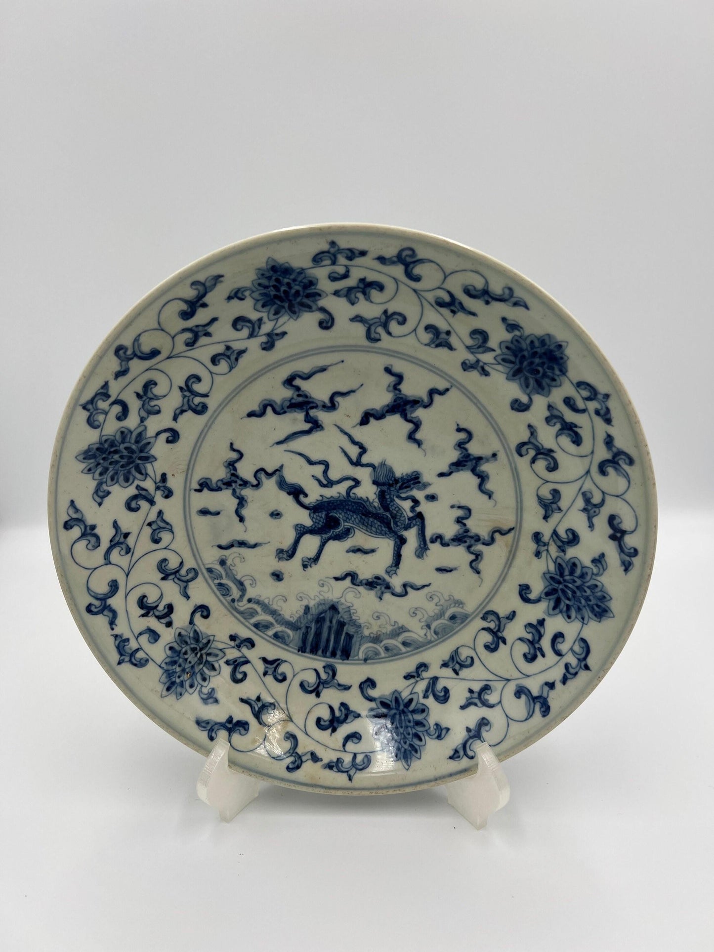 Blue and White Porcelain Bowl - Foo Dog Centerpiece, Asian Decor