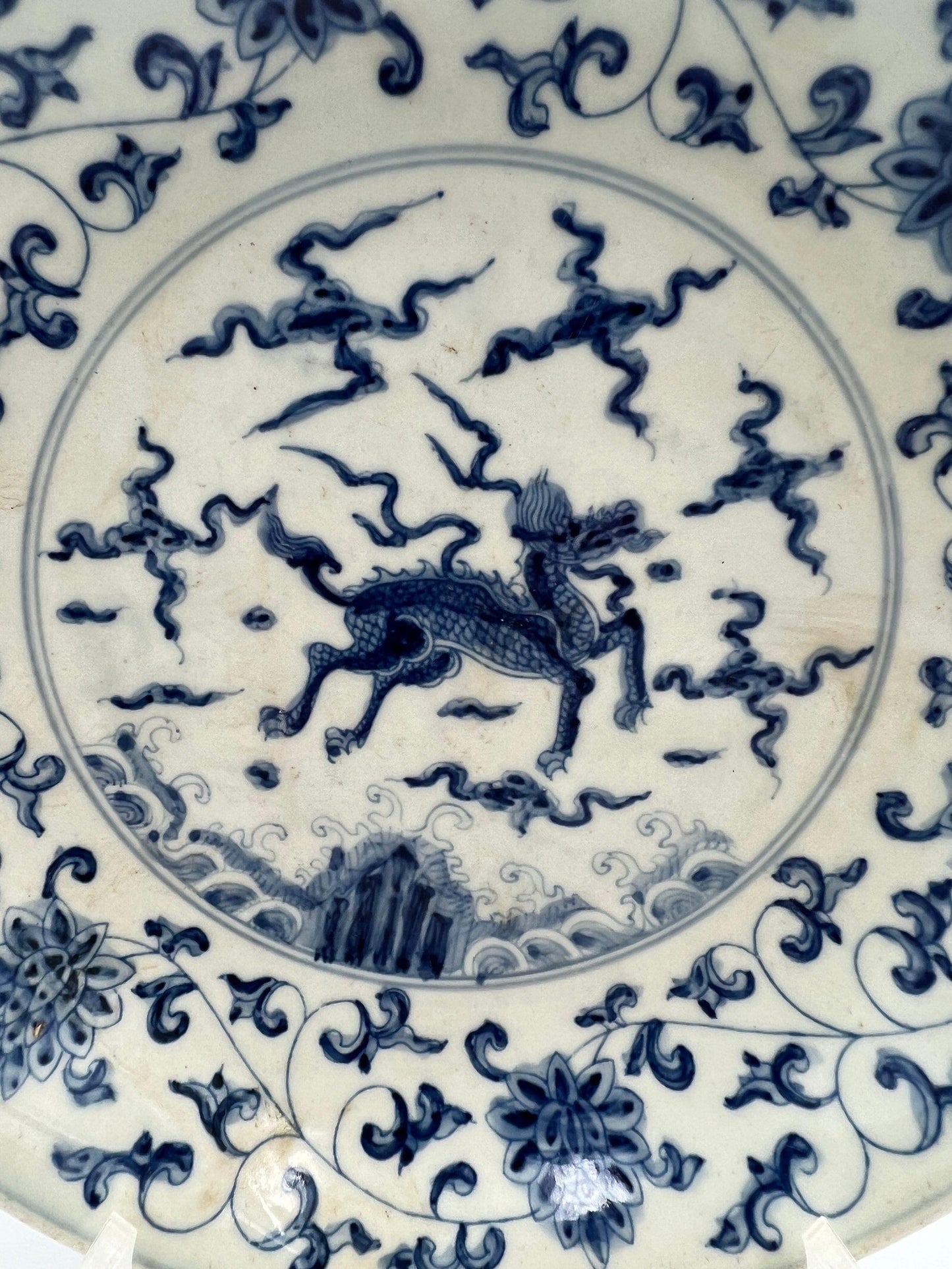 Blue and White Porcelain Bowl - Foo Dog Centerpiece, Asian Decor