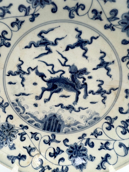 Blue and White Porcelain Bowl - Foo Dog Centerpiece, Asian Decor