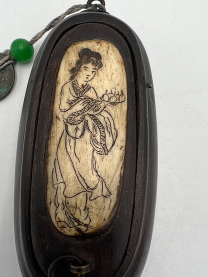 Carved Asian Jewelry Box: Vintage Wood and Scrimshaw (4 inch)