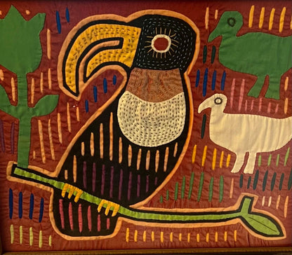 Parrot Mola Artwork: Panama Folk Art (Framed, Hand Sewn)