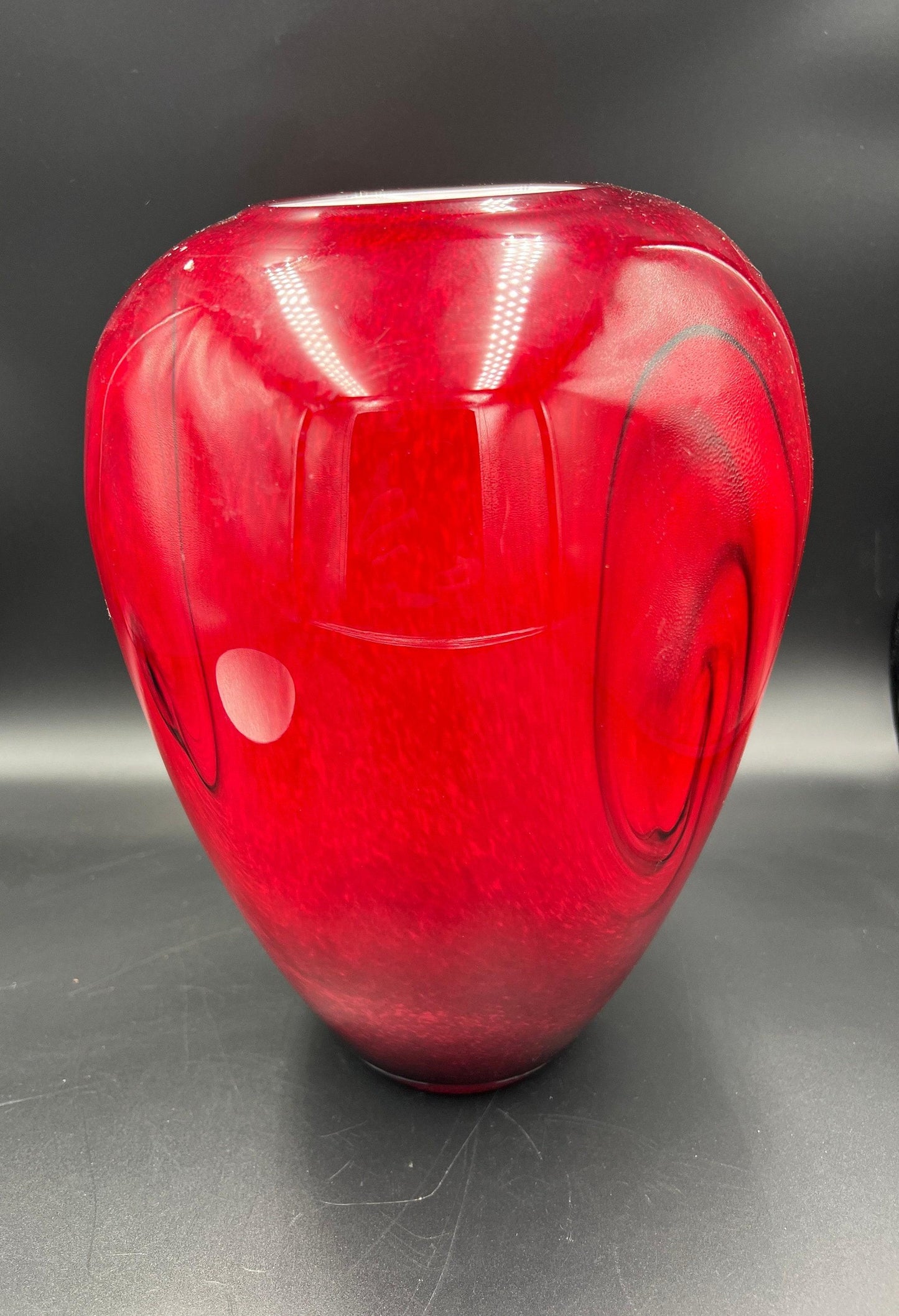 Artistic Red Glass Vase with Black Swirls (10" Tall)