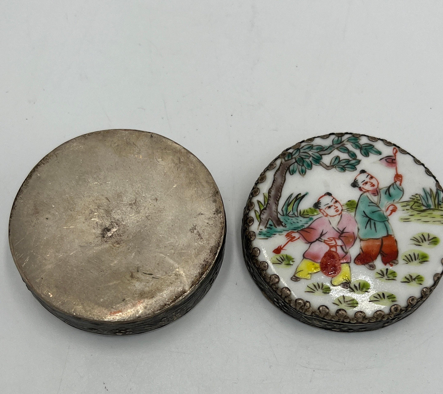 Porcelain Jewelry Box: Vintage Silver Wash with Hand Painted Figures (Small)