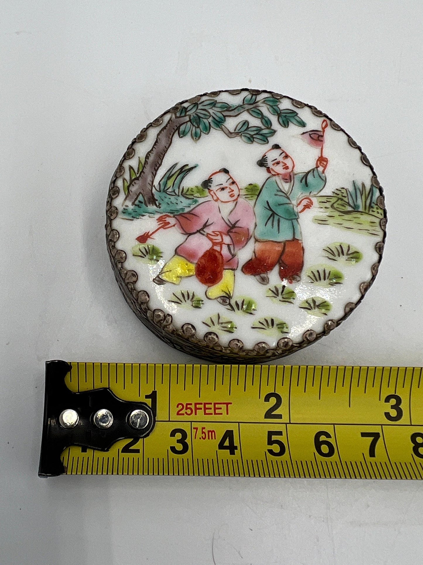 Porcelain Jewelry Box: Vintage Silver Wash with Hand Painted Figures (Small)
