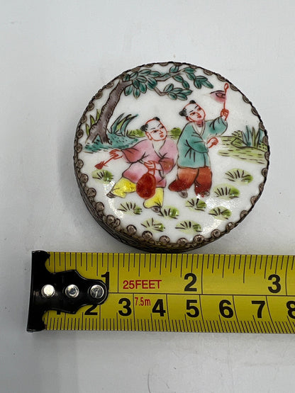 Porcelain Jewelry Box: Vintage Silver Wash with Hand Painted Figures (Small)