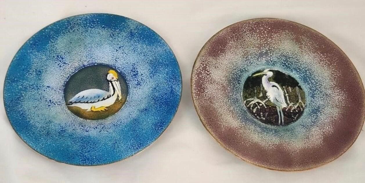 Vintage G Stoughton Art Plates - Hand Painted Crane Design