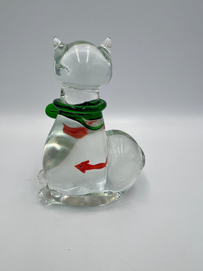 Murano Style Glass Cat Figurine - Whimsical Fish Design