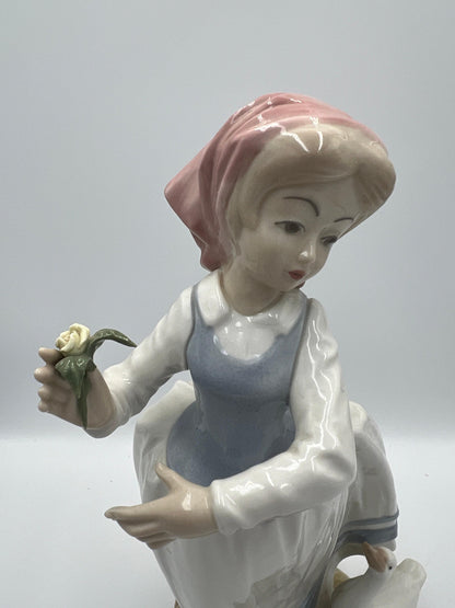 Vintage Spanish Tengra Girl Figurine - Porcelain with Floral and Geese Detail