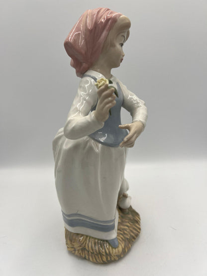 Vintage Spanish Tengra Girl Figurine - Porcelain with Floral and Geese Detail