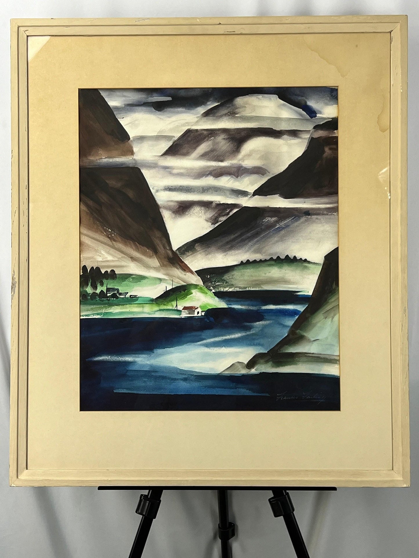 Naero Fjord Watercolor Painting: Signed Frances Failing, 33x27 Inches