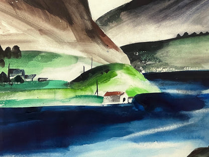 Naero Fjord Watercolor Painting: Signed Frances Failing, 33x27 Inches
