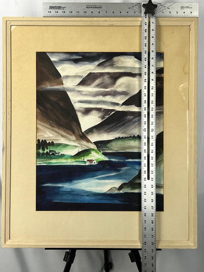 Naero Fjord Watercolor Painting: Signed Frances Failing, 33x27 Inches