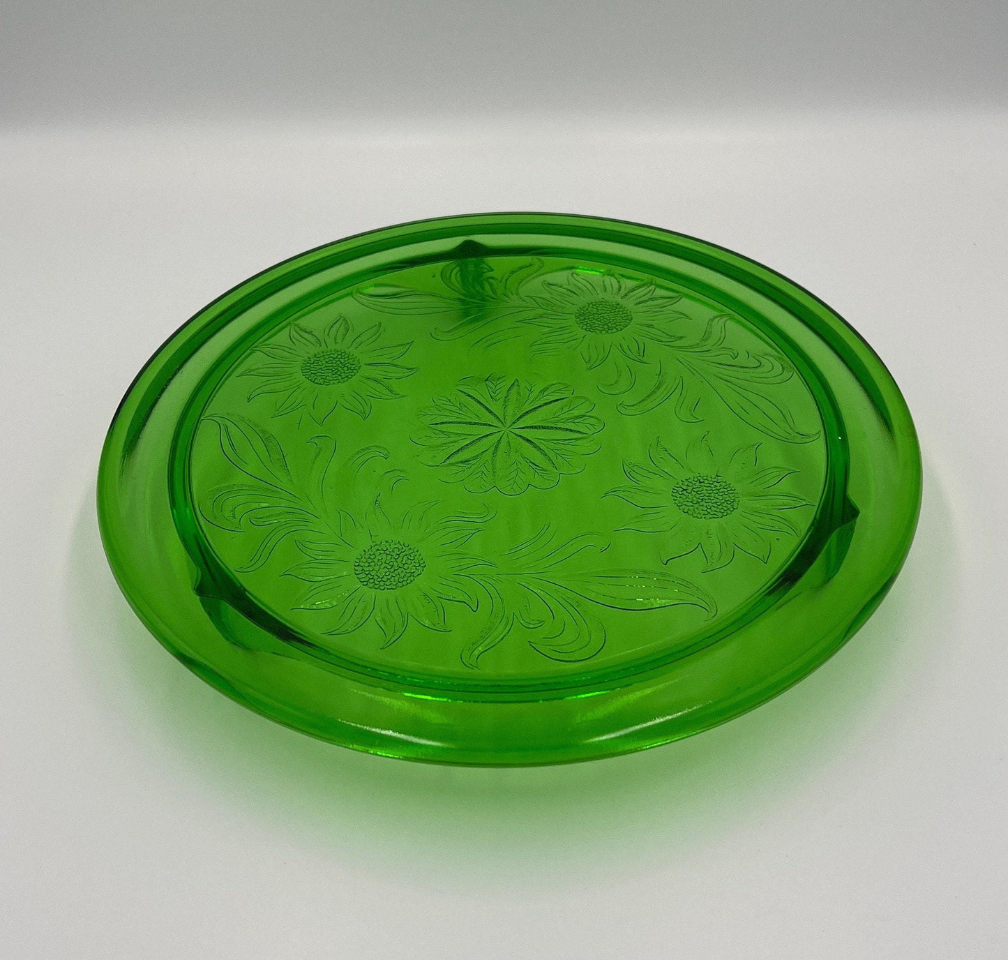 Depression Era Glass Cake Plate, Green Sunflowers (10 Inch, 3-Footed)