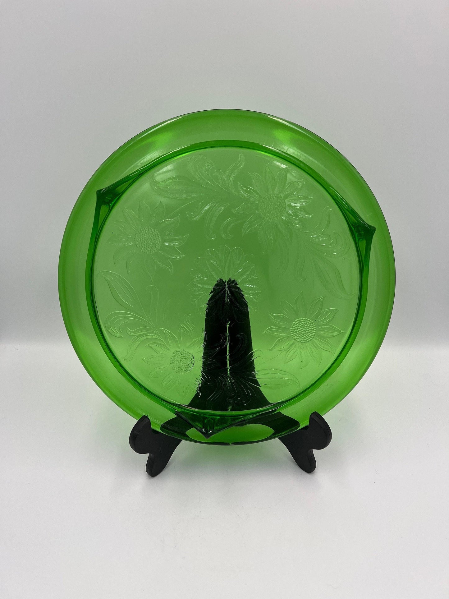 Depression Era Glass Cake Plate, Green Sunflowers (10 Inch, 3-Footed)