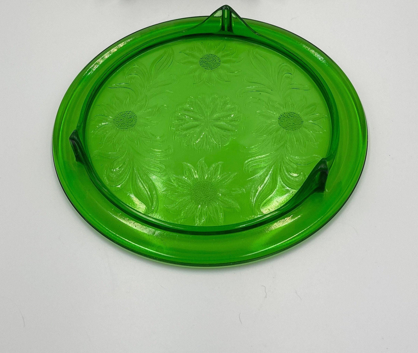 Depression Era Glass Cake Plate, Green Sunflowers (10 Inch, 3-Footed)