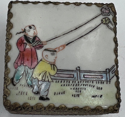 Jewelry Box: Vintage Silver and Brass - Porcelain Lid with Kids Flying Kites