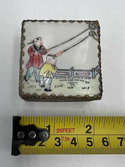 Jewelry Box: Vintage Silver and Brass - Porcelain Lid with Kids Flying Kites