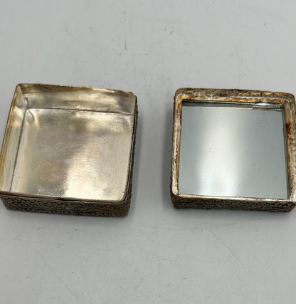 Jewelry Box: Vintage Silver and Brass - Porcelain Lid with Kids Flying Kites