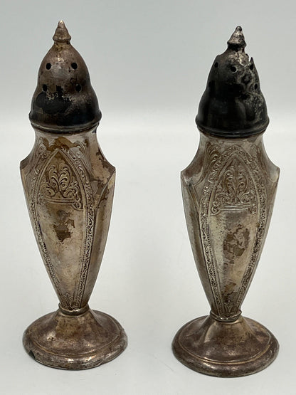 Poole Vintage Salt and Pepper Shakers, Silver Plated Astor Pattern (Tall, Slender)