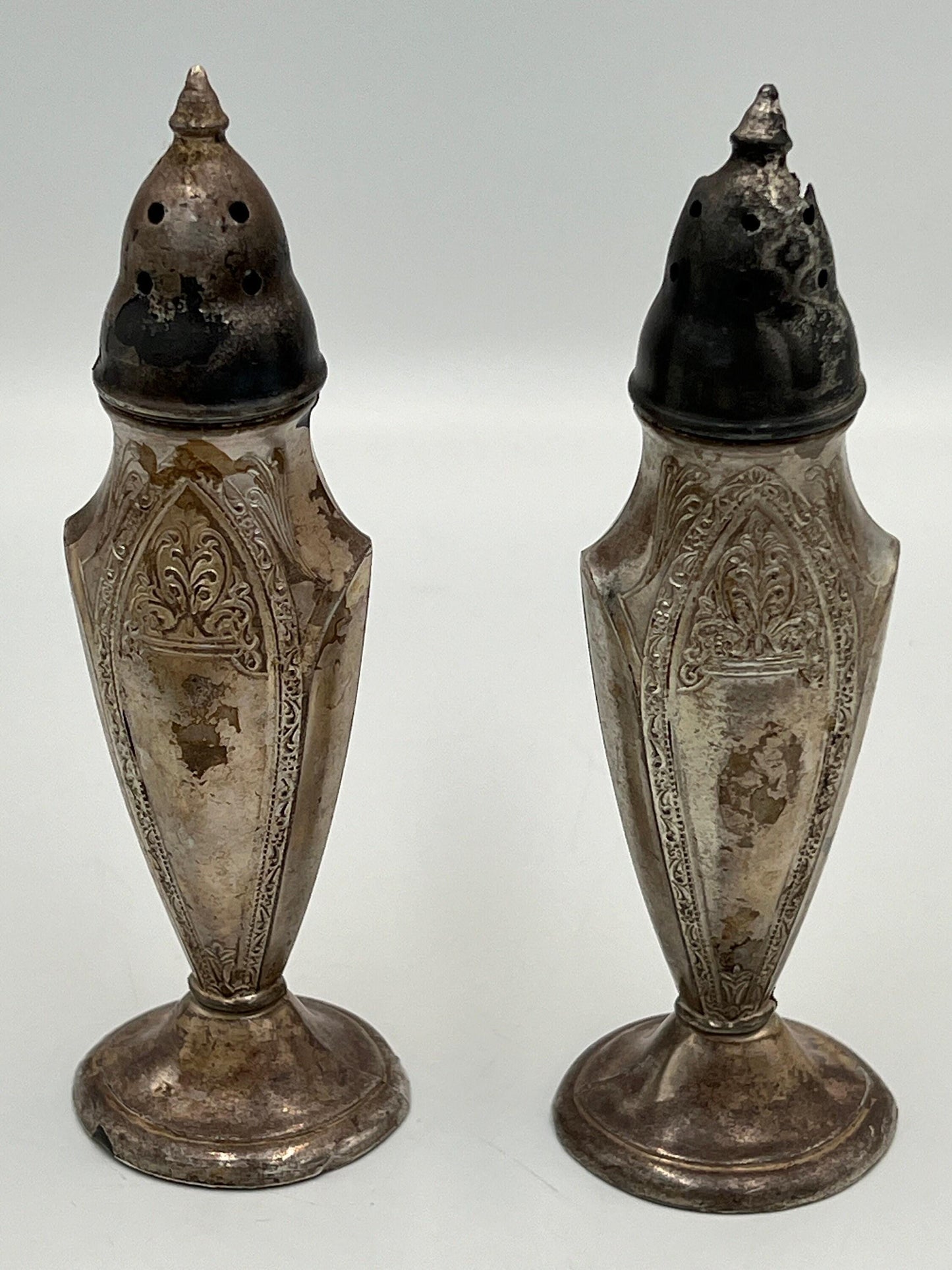 Poole Vintage Salt and Pepper Shakers, Silver Plated Astor Pattern (Tall, Slender)