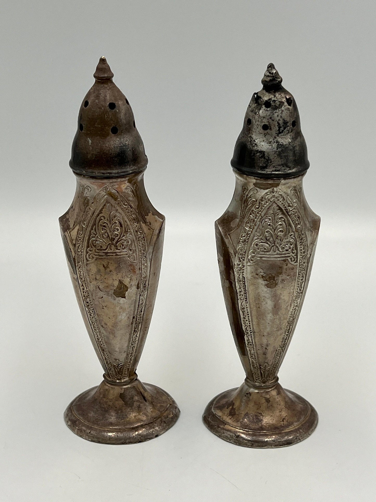 Poole Vintage Salt and Pepper Shakers, Silver Plated Astor Pattern (Tall, Slender)